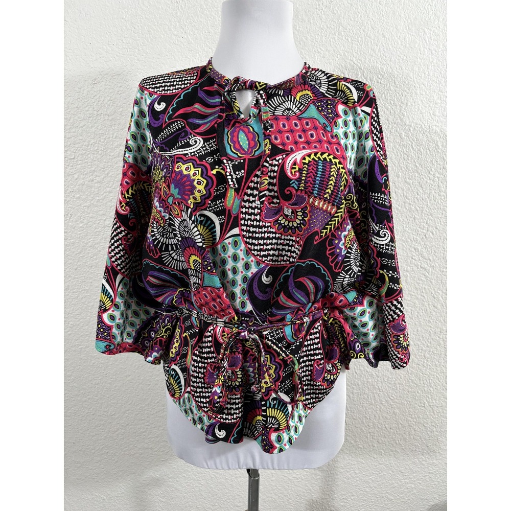 Vintage Psychedelic Top‎ Womens Medium Batwing Sleeves 60s Boho Festival Shirt